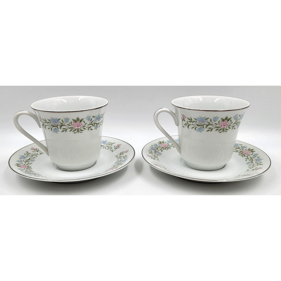 Eileen Cotillion Cup & Saucer Japan Floral Pink Blue Platinum Trim Set of 2 - Picture 6 of 14
